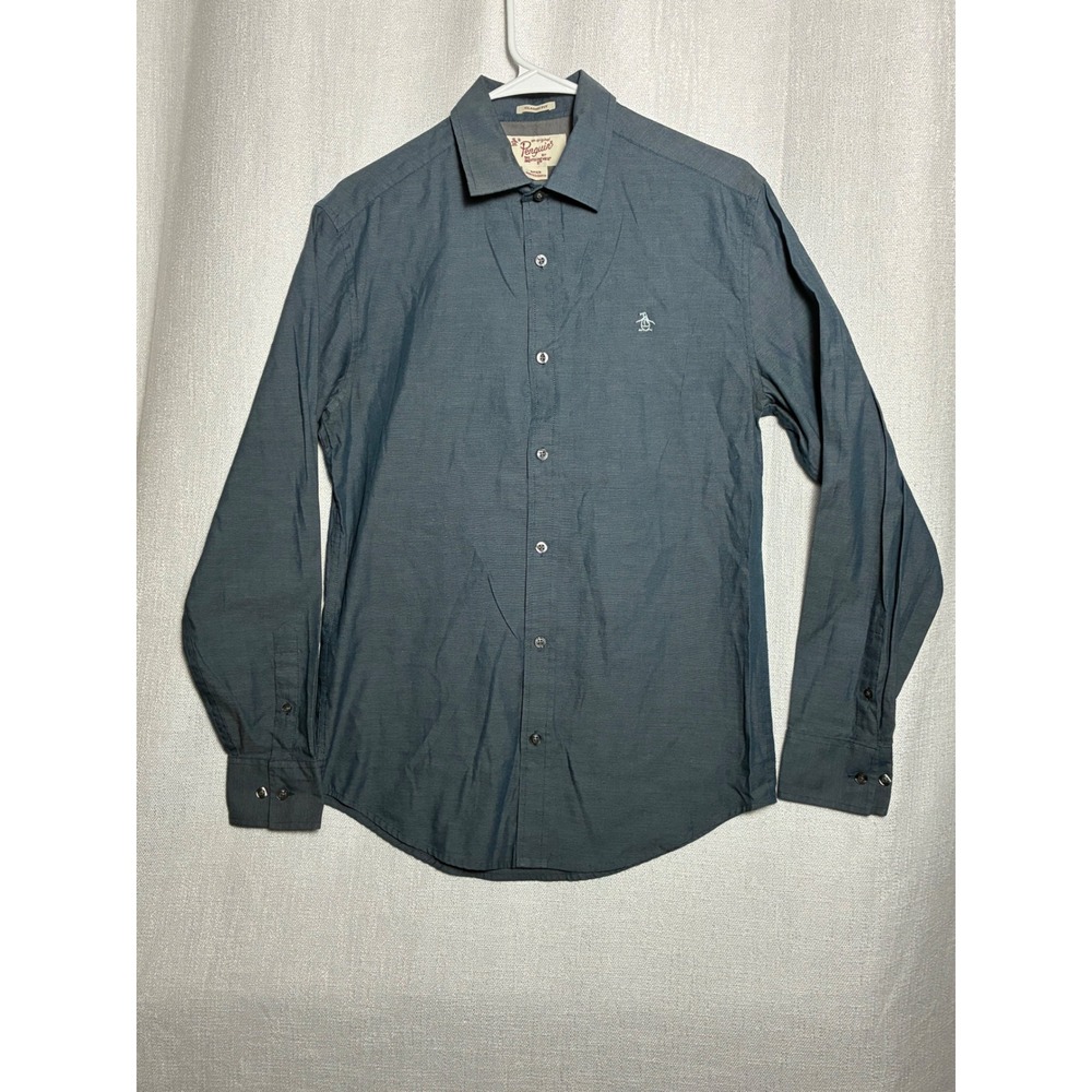 Original Penguin Mens Small Blue Long Sleeve Button Down Shirt Classic Fit Logo